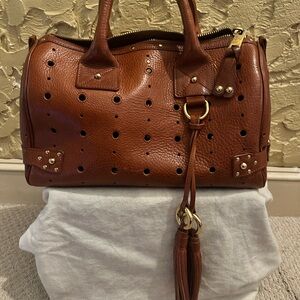 Brown and Gold Leather Satchel with Perforated Design